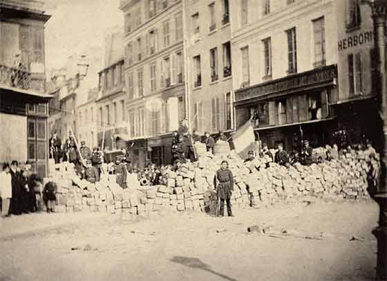 Barricade at the entrance of rue de la Roquette, place de la Bastille — March 1871